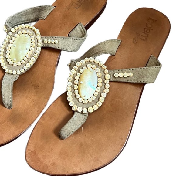 Bo'em Plage Italian Leather Beaded Shell Thong Sandals | Taupe Suede - Picture 1 of 5